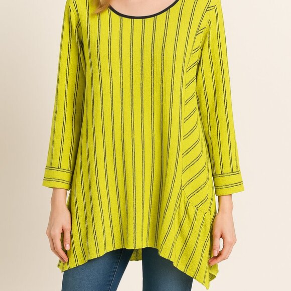Ali Miles Tunic Size 1X Striped Yellow Artsy Pocket Button Lagenlook Corpcore - Picture 10 of 10